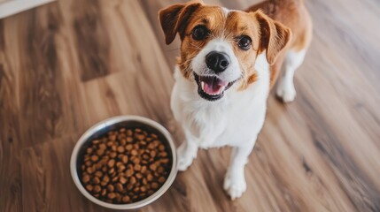 Happy Dog Looking at Full Food Bowl on Wooden Floor