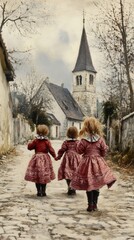 Obraz premium Two little girls walking down a cobblestone street