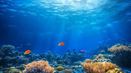 Obraz premium Sunbeams illuminating coral reef with vibrant fish swimming