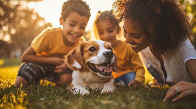 Interracial family playing with a pet dog in a sunlit park, raw, natural colors, highresolution, candid moment