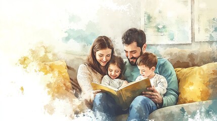 A loving nuclear family cuddled up on the couch reading a book together, warm and cozy atmosphere, watercolor style