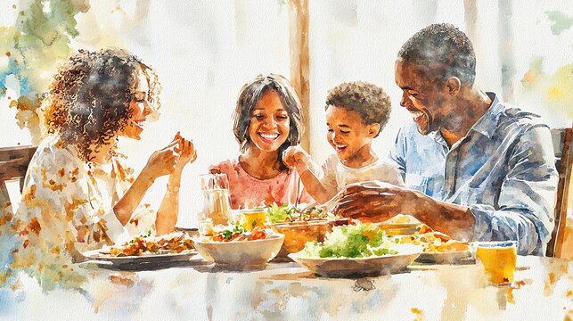 Interracial family enjoying a family meal together in a bright kitchen, full of love and laughter, watercolor painting