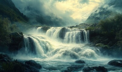 Fototapeta premium Majestic waterfall cascading down rocky cliffs in a misty mountain valley.