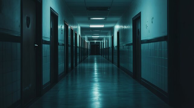 A long, empty hallway with tiled walls and a row of closed doors, casting an eerie and mysterious mood.