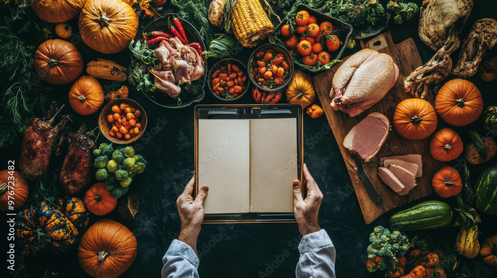 Canvas Prints A person holding a clipboard in front of a table full of fruits and vegetables