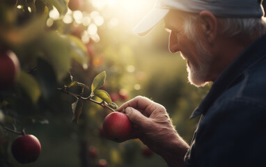 Senior Man Picking Ripe Red Apples in Orchard at Sunset