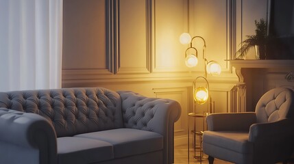 Living Room with Gray Sofa, Armchair, and Modern Lamp