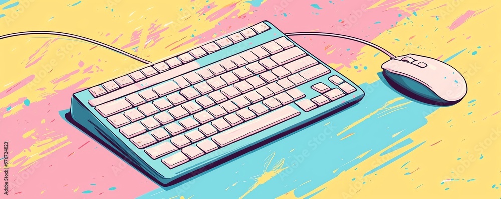 Poster a stylish computer keyboard and mouse on a colorful retro background. perfect for tech-themed design