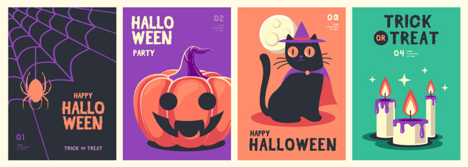 Set of flat Halloween party posters with spider web, halloween pumpkin, black cat in hat and burning candles. Halloween spooky background. Vector illustration