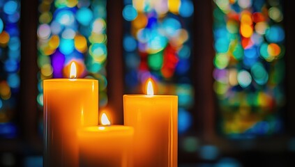 three burning candles against the background of the stained glass windows of the church