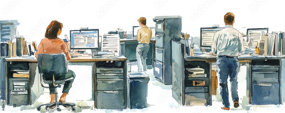 Aufkleber creative workspace illustration featuring professionals collaborating at desks with computers and of