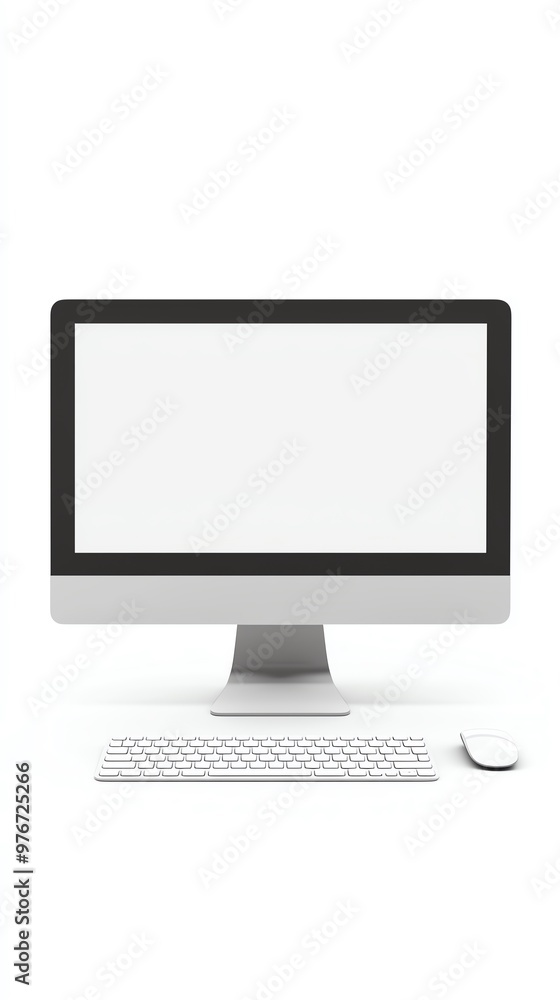 Poster modern desktop computer setup with a blank screen, keyboard, and mouse for business or personal use.
