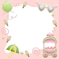 cute photo frame illustration clipart for kids or worksheet with ice cream truck with watermelon, ice cream, and candy decoration