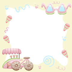 cute photo frame illustration clipart for kids or worksheet with ice cream truck with watermelon, ice cream, and candy decoration