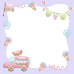cute photo frame illustration clipart for kids or worksheet with ice cream truck with watermelon, ice cream, and candy decoration