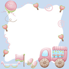 cute photo frame illustration clipart for kids or worksheet with ice cream truck with watermelon, ice cream, and candy decoration