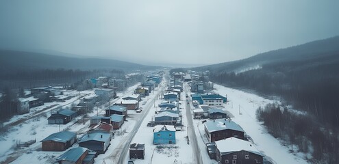 An aerial view of a small town nestled in a snowy valley, with the houses lined up along a single road.
