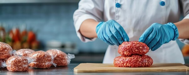 Worker performing a manual quality check on food products in a processing facility, food safety inspection, quality control in food industry