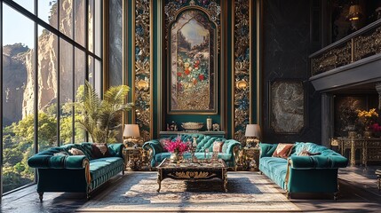 Obraz premium Luxurious Teal Sofa Interior with Stunning Cliff Views: Perfect Wall Art or Poster for Sporty and Elegant Spaces