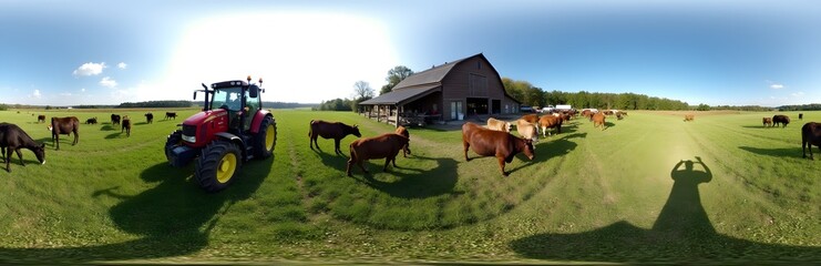 Obraz premium 360 degree Farm with Livestock, grazing in open fields, a rustic barn, tractors, and farmers going about their work amidst the natural surroundings