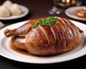 Fototapeta premium Juicy roasted duck garnished with fresh herbs, served on a white plate with rich sauce, perfect for gourmet culinary presentations.