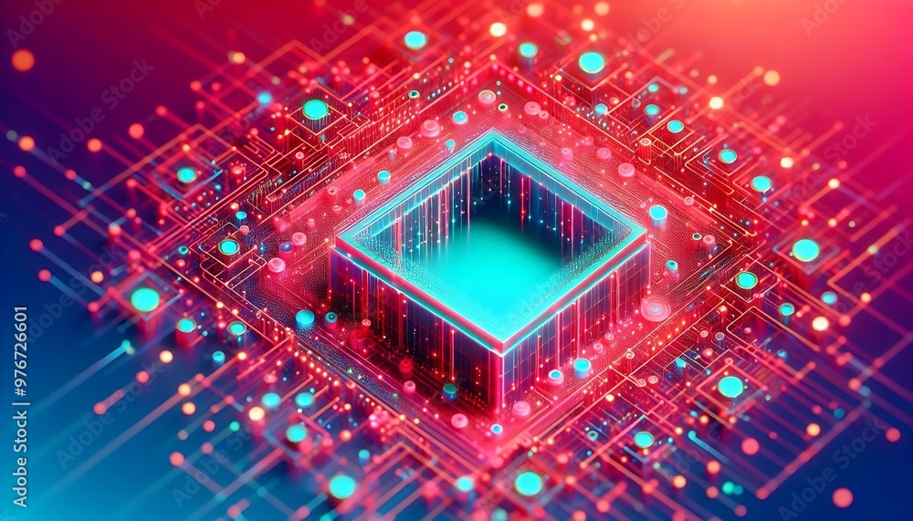 Poster a computer chip with a blue square in the middle. the chip is surrounded by red and green dots