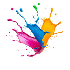 Colorful paint splashes in pink, blue, yellow, and green on black background