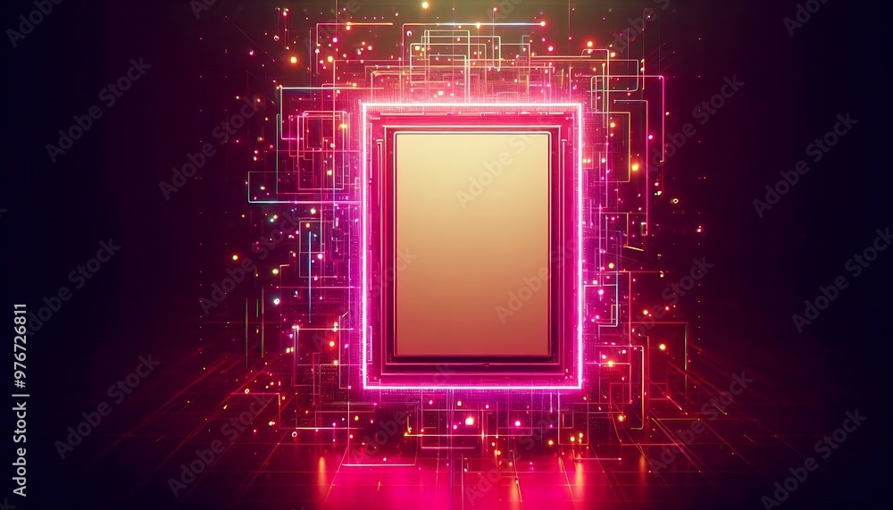 Poster a pink frame with a white background. the frame is surrounded by a bright, colorful glow. the frame 
