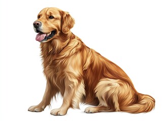 A happy golden retriever sits gracefully with a joyful expression, showcasing its beautiful golden fur on a white background.