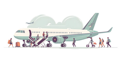 An illustration showing passengers boarding a commercial airplane using portable stairs. People are seen entering the aircraft with luggage, 