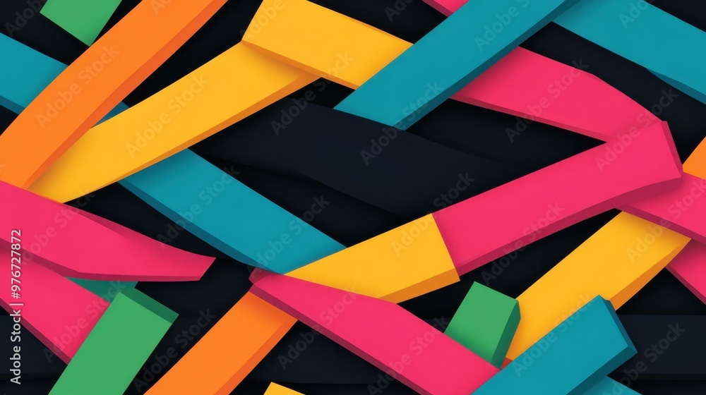 Poster vibrant multicolored lines form striking geometric designs against a sleek black backdrop, creating 