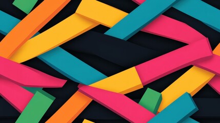 Obraz premium Vibrant multicolored lines form striking geometric designs against a sleek black backdrop, creating an eyecatching visual effect.