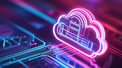 A vibrant neon icon showcasing serverless computing, featuring developers deploying apps with AI on a digital circuit board.