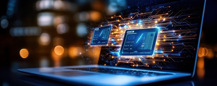 Sleek laptop displaying advanced technology and circuit patterns, symbolizing innovation in digital devices and information processing.