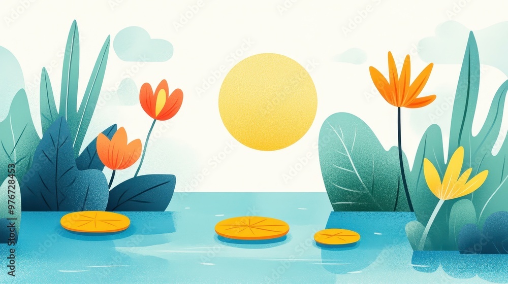 Poster explore a tranquil pond adorned with lily pads, crafted in a minimalist vector style with soft paste
