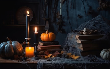 Halloween Still Life with Candles  Pumpkins  Spiders  and Cobwebs