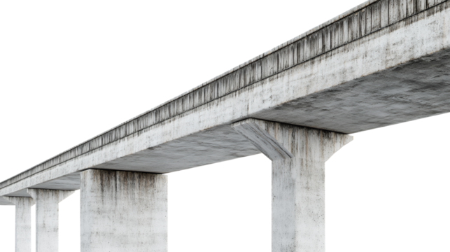 A low angle view of a concrete bridge with a white background.