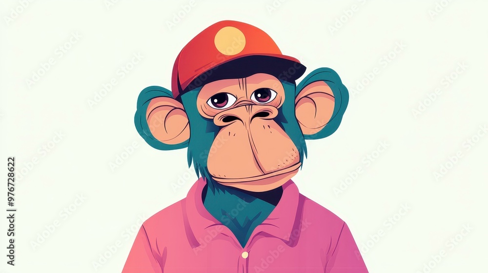 Canvas Prints a playful cartoon monkey wears a bright red hat and funky pink shirt, adding fun vibes to modern fla