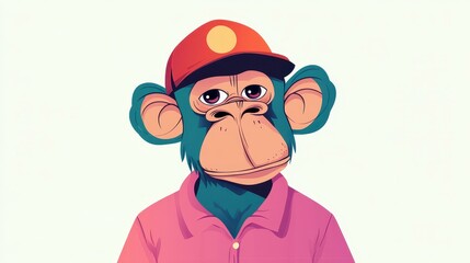 A playful cartoon monkey wears a bright red hat and funky pink shirt, adding fun vibes to modern flat design.