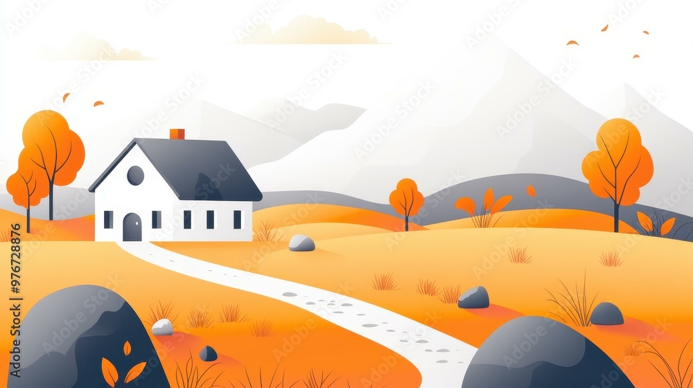 Poster A cozy village house in a vibrant autumn valley, surrounded by warm orange hues of natures beauty and charm.