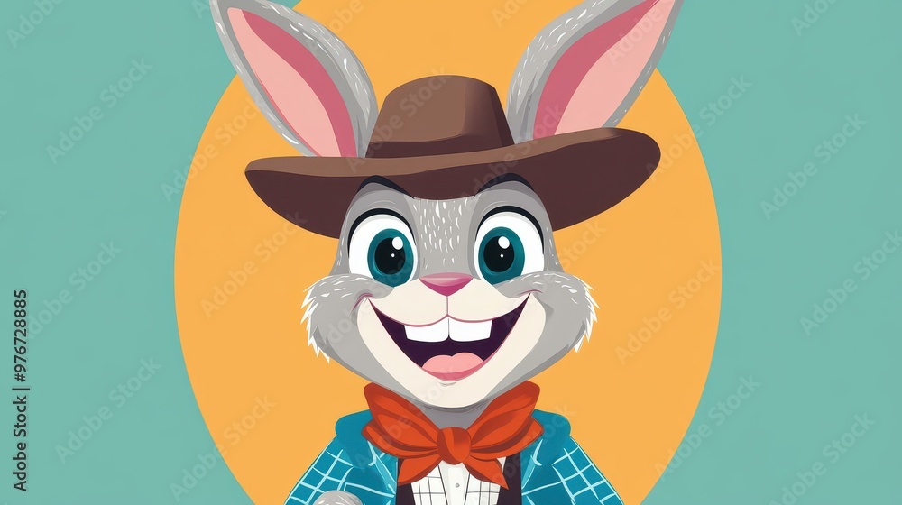 Sticker A happy bunny cowboy flashes a big grin in this fun, textured cartoon illustration, filled with vibrant colors.