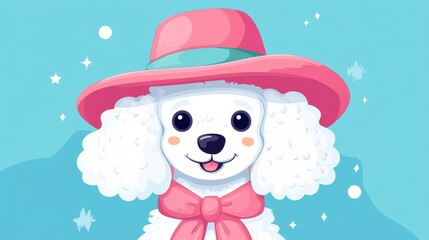 Delight in this charming illustration of a chic poodle, complete with a pink hat and adorable accessories