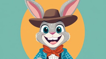 Fototapeta premium A happy bunny cowboy flashes a big grin in this fun, textured cartoon illustration, filled with vibrant colors.