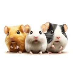 Adorable trio of cute small pets, featuring a golden, white, and black guinea pig, perfect for animal lovers and pet enthusiasts.