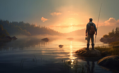Fisherman at Sunset on a Lake