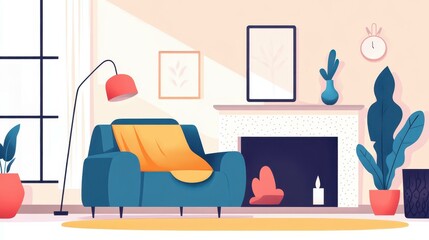 A stunning concrete fireplace spans the wall, balancing modern design with cozy textiles for a chic, inviting space.