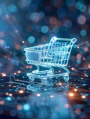 Smart shopping cart, AI-assisted purchases, 3D illustration, modern retail concept, copy space,