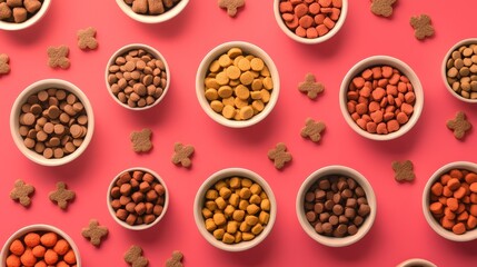 Dog Food in Bowls on Pink Background