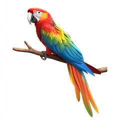 Fototapeta premium Vibrant macaw perched on a branch, showcasing stunning feathers in red, green, yellow, and blue colors, symbolizing tropical beauty.