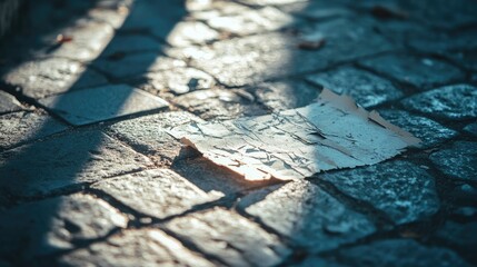 Naklejka premium Close-up of a paper sign with torn edges on a stone pavement, with light and shadows creating a textured effect.